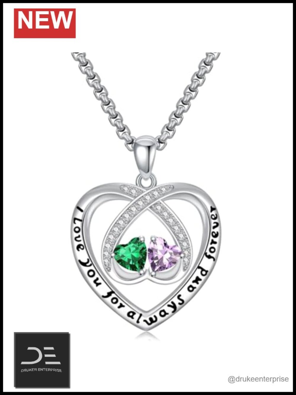 18K White Gold Plated Dual Birthstone Necklace, I Love You Always Pendant